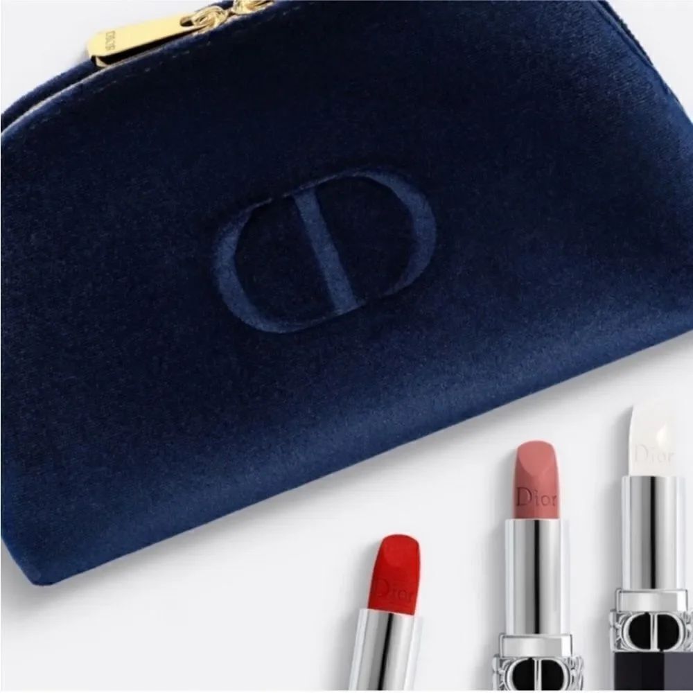 DIOR NEW Trousse Pouch Make Up Bag Navy Blue Velvet CD Logo Gold Zipper Trim